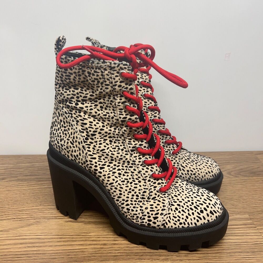 Gianni‎ Binni Tan Red Ryedderr Cheetah Heeled Lug Sole Combat Boots Leather 9M